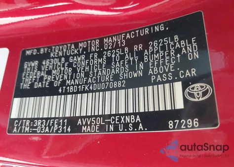 2013 Toyota Camry Hybrid Le из США, поврежденный, VIN 4T1BD1FK4DU070882